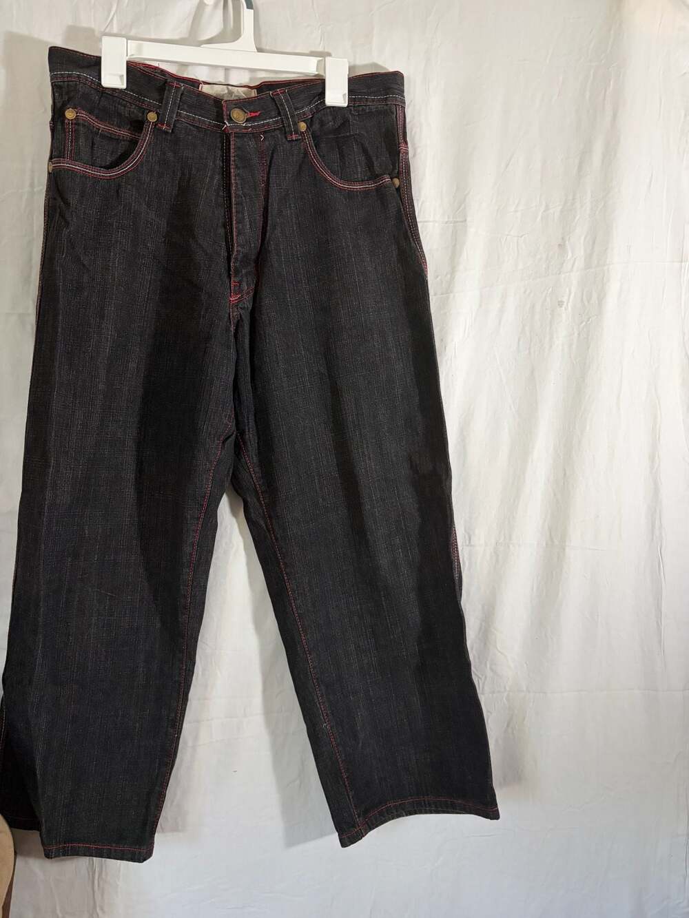 Vintage Men's Black Denim Wide-Leg Embroidered Jeans Size 36x34